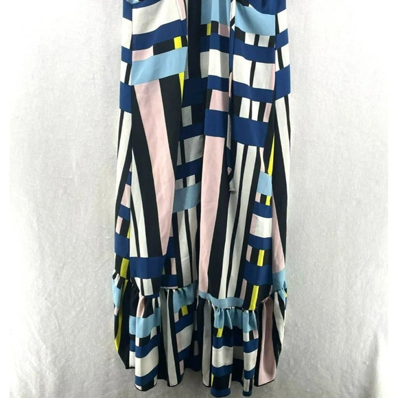 Prettylittlething Midi Dress Sz 6 Black Pink Yellow Striped V-Neck Ruffle Hem - Picture 6 of 10